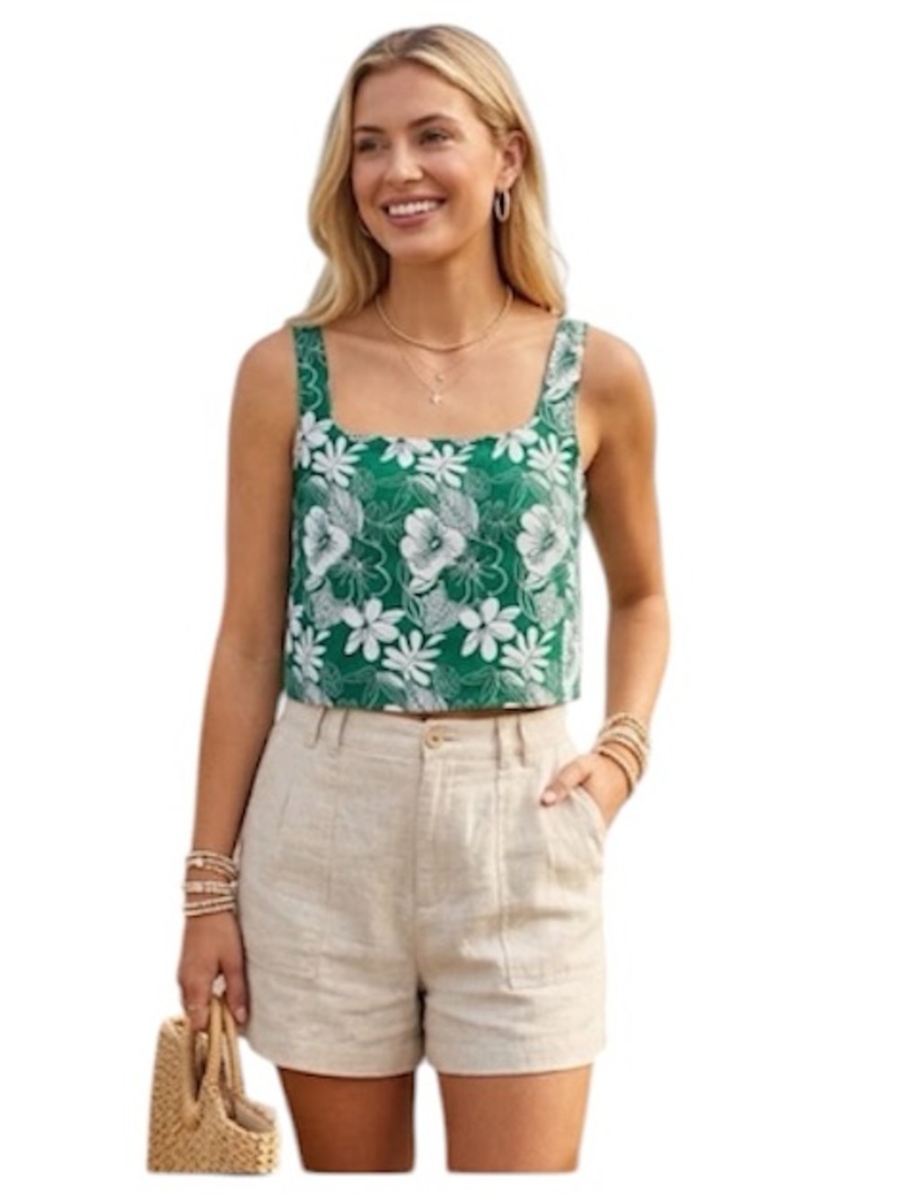 C&C California Green Floral Square-Neck Crop Top with White Hibiscus Medium